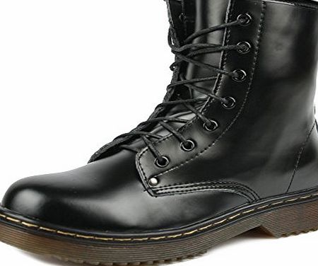 Shuboo Hazel retro combat lace up leather ankle boots - Black Shine, UK 7 / EU 40