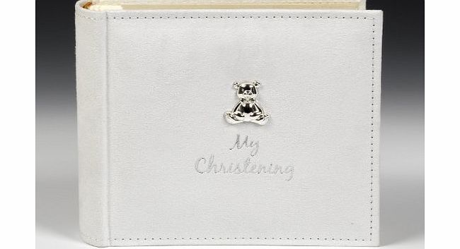 Shudehill Giftware White Suede My Christening Album with Silver Teddy Motif