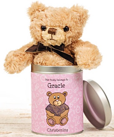 Personalised Christening Teddy in a Tin for Girls
