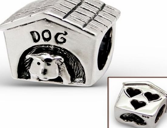 Silvadore - Silver Bead - Dog House Hen Pet Home Bed Face Bulldog Love Hearts - 925 Sterling Charm 3D Slide On 690 - Fits Pandora European Bracelet - Free Gift Boxed