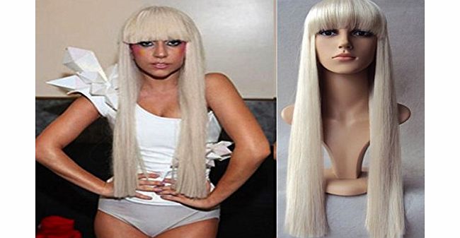 Simon Says Deluxe Lady Gaga Extra Long Straight Blonde Blunt Fringe Fashion Wig