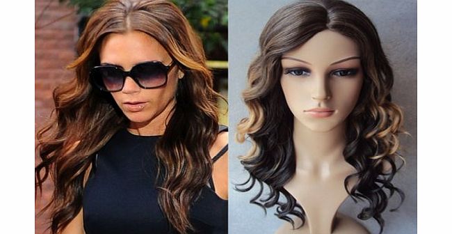Simon Says Deluxe Victoria Beckham Long Brown Blonde Highlights Curly Fashion Celebrity Wig