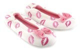 Moonlights `Mwah` Ladies Elastcated Ballerins Style Slippers With Embroidered Lips - White/Pink - 5 UK