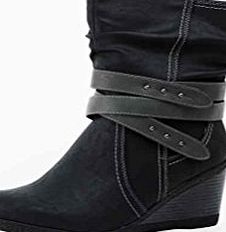 Womens Ladies mid calf wedge heel fully lined Boot Black Faux leather Dark Grey Strap Slouch Size 6.5
