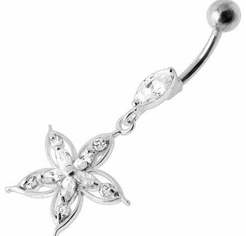Belly Bar Navel Piercing 925 Sterling Silver, Body Jewellery, Flower with White Stones
