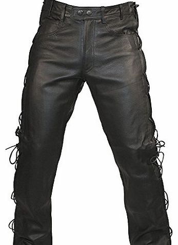 Skintan Mens Leather Lace Sided Motorcycle Trousers - Inside Leg 34`` (L34 W32)