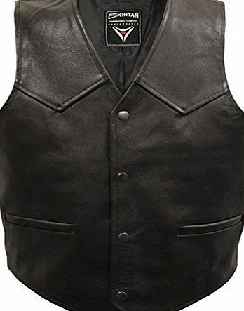 Mens Real Genuine Leather Full Grain Cowhide Plain Motorcycle Biker Waistcoat Classic Custom Cruiser Motorbike Jacket Vest in Black by Skintan - Size 2XL 46 Extra Large