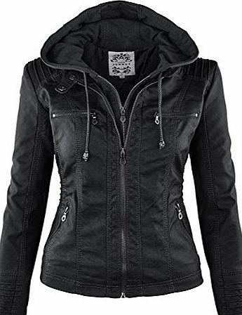 skyblue-uk Women Hooded Biker Jacket Parka Coat Pockets Zip Up PU Leather Winter Overcoat Outerwear Bomber Jacket Black Size 14