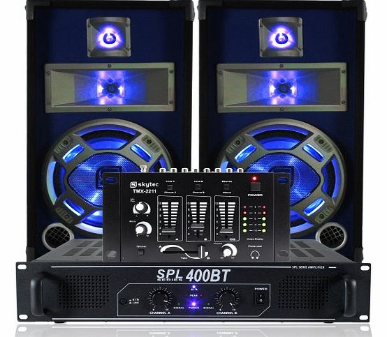 Skytec 2x Skytec 10`` Blue LED Party Speakers   Bluetooth Amp   Mixer DJ System 800W