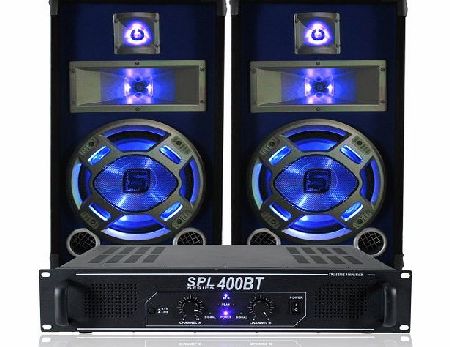 Skytec 2x Skytec 10`` Blue Speakers   SPL Bluetooth Amp   Cables 800W