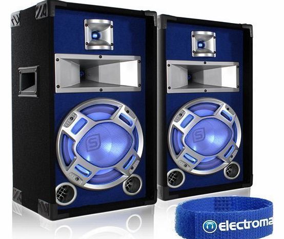 Skytec 2x Skytec 10`` Passive 3-Way Blue LED DJ PA Speakers 800W