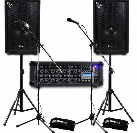 2x Skytec 8`` Speakers + Mixer Amplifier + Stands + Microphones PA System 800W