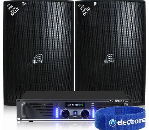 2x Skytec SL 12`` Portable PA DJ Party Speakers + Amplifier + Cable System 1200W
