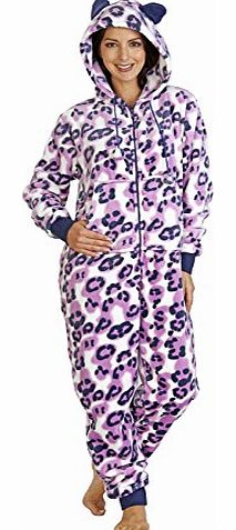 Ladies Large Pink Luxury Soft Fleece Leopard Print Hooded with Ears Onesie Jumpsuit