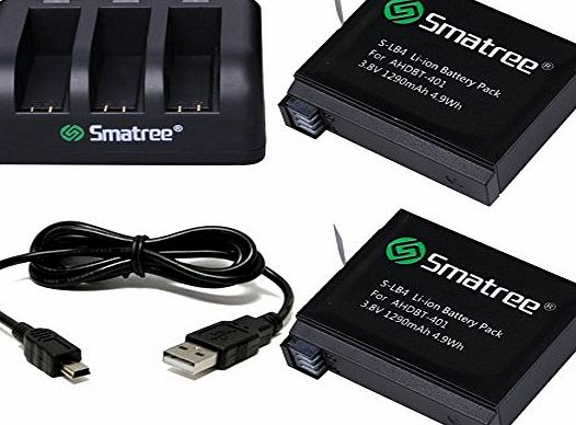 Smatree Replacement battery (2-Pack) for GoPro Hero4 and 3-Channel charger   USB Cord for Gopro Hero 4 Camera Camcorder