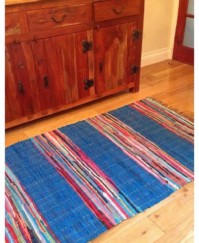 SN Second Nature Fair Trade Hand Loomed Mexican Style Blue Multi Coloured Rag Rug 90cm x 150cm