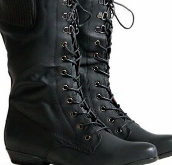 SnobUK New Womens Ladies Low Heel Mid Calf Boots Lace Up Military Combat Shoes Boots (3, Black)