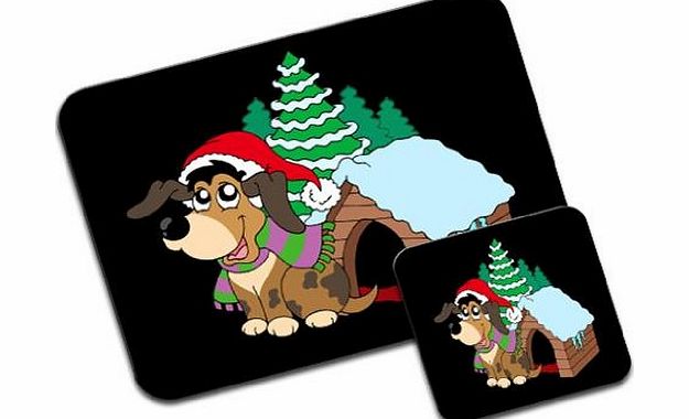 Snuggle Puppy Dog Wearing Santa Hat Outside Kennel Premium Mousematt amp; Coaster Set