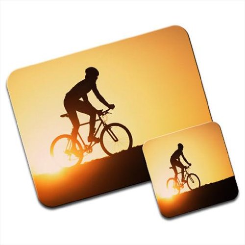 Snuggle Silhouette of Man Riding Mountain Bike at Sunset Premium Mousematt & Coaster Set