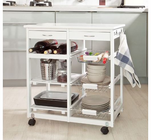 Lengthen Size Solid Wood Kitchen Trolley Cart with Shelves & Drawer, Color: White, FKW04-W
