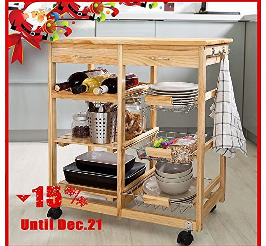Lengthen Size Solid Wood Kitchen Trolley Cart with Shelves & Drawer, FKW04-N