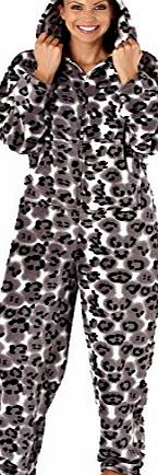Ladies Animal Print Fleece Onesie Pyjama JumpSuit Lounge Wear 10-12 S/M Grey