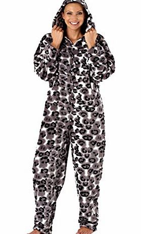 Ladies Animal Print Fleece Onesie Pyjama JumpSuit Lounge Wear 14-16 M/L Grey