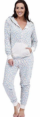 Ladies Dalmation Print Fleece Onesie Pyjama JumpSuit Lounge Wear Large Blue