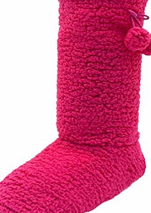Socks Uwear Ladies Fluffy Coral Fleece amp; Pom Pom Slipper Boot SK231 UK M/L 5-6 Pink