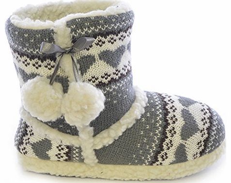 SlumberzzZ Ladies Hearts Knitted Boot & Pom Pom Slipper FT0662 UK 7-8 Grey