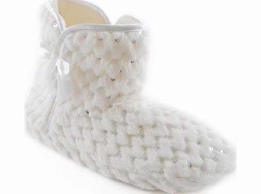 Socks Uwear SlumberzzZ Ladies Sequins amp; Faux Fur Boot Style Slipper FT0700 UK 5-6 Cream