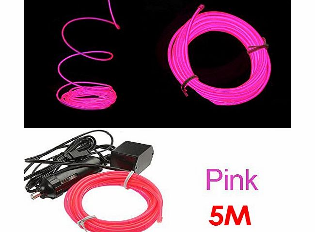 SODIAL(R) 5M Flexible EL Wire Neon LED Car Light Party Rope Tube   12V Inverter - Pink