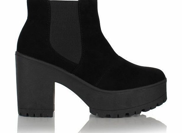 Sole Affair HERO Chunky Ladies Cleated Platform Sole Block Heel Chelsea Ankle Boots Shoes Size UK 3, EU 36 Black Faux Suede