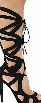 NADIA Womens Ladies Knee High Cut Out Lace Up Stiletto Heel Gladiator Sandals Zip Boots Shoes Size UK 4, EU 37 Black Faux Suede