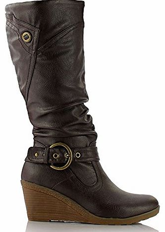 OSLO Ladies Womens Leather Style Medium Flat Wedge Knee High Calf Biker Boots Shoes Size UK 4, EU 37 Brown