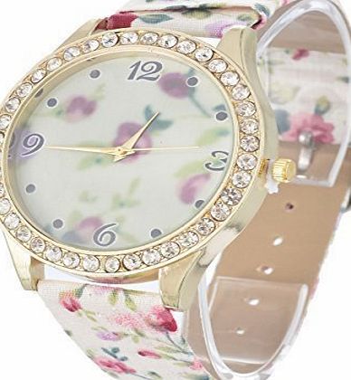 Souarts Artificial Leather Flower Pattern Quartz Wrist Watch Pink