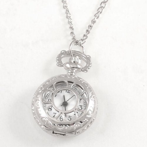 Ladies Cut out Flower Pattern Hunter Case Necklace Watch Silver Tone