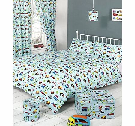 CHILDRENS BOYS DOUBLE BED DUVET SET TRAFFIC WORKS QUILT COVER SET CARS FIREMAN LIGHT BLUE / RED