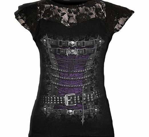 - Women - WAISTED CORSET - Lace Layered Cap Sleeve Top Black - Large