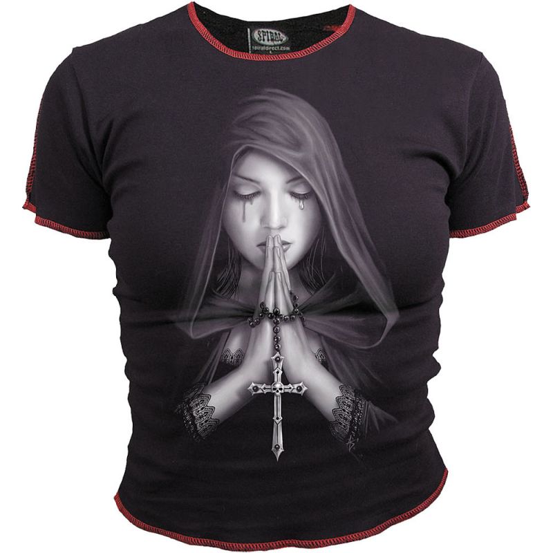 Goth Prayer Cap Sleeve T-shirt With Red