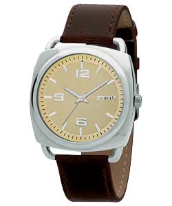 Gents Champagne Dial Brown Strap Watch