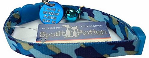** BLUE CAMOKITTY CAT IDENTITY PACK ** Quality Cat Collar, Cat Bell & Engraved Cat Tag. To See How To Send Your ENGRAVING DETAILS Please See The Product Description Lower Down t