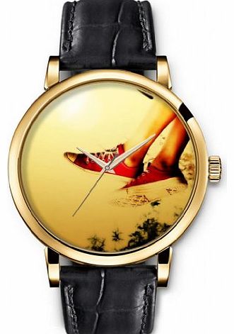 Ladies Watch Wristwatch Black Genuine Leather Quartz Movement with Red fabric shoes