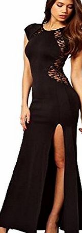 Spritech TM) Women Girl Sleeveless Long Dress Sexy Split Hollow Lace Slim Fit Party Skirt M Black