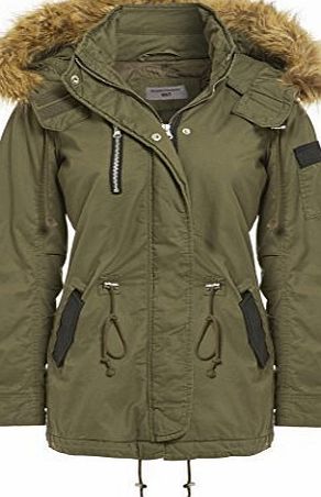 SS7 Faux Fur Hood PU Parka Coat, Khaki, Navy, Black, Sizes 8 to 16 (UK - 14, Khaki)