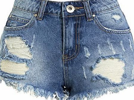 SS7 New Womens High Waisted Ripped Shorts, Sizes 6 to 14 (UK - 8, Denim Blue)