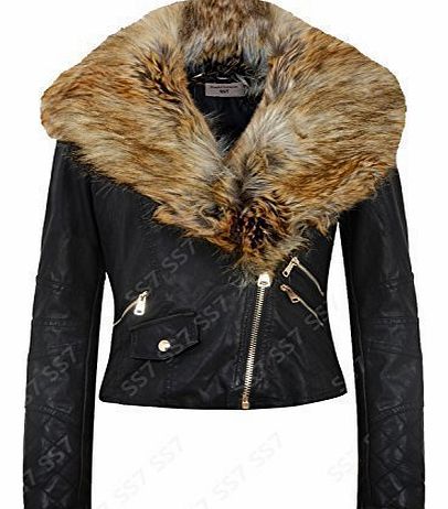 Womens Faux Fur Collar Biker Jacket, Black, Sizes 8 to 14 (UK - 8, Black)
