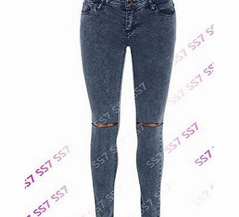 SS7 Womens Skinny Knee Ripped Tube Jeans, Sizes 8 to 16 (UK - 14, Acid Blue Rip)