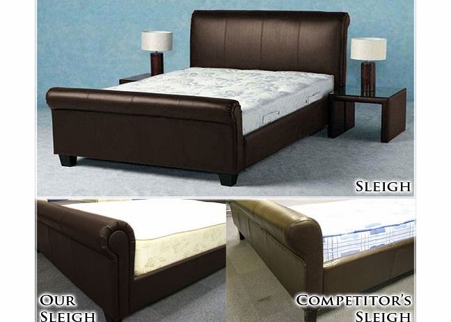 NEW 4ft 6 BROWN FAUX LEATHER SLEIGH DOUBLE SCROLL BED