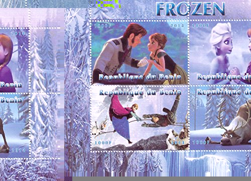 Stampbank Disneys Frozen the Animated picture collectible mint stamps on a souvenir sheet with Elsa and Anna / 2014 / Benin / 1000F
